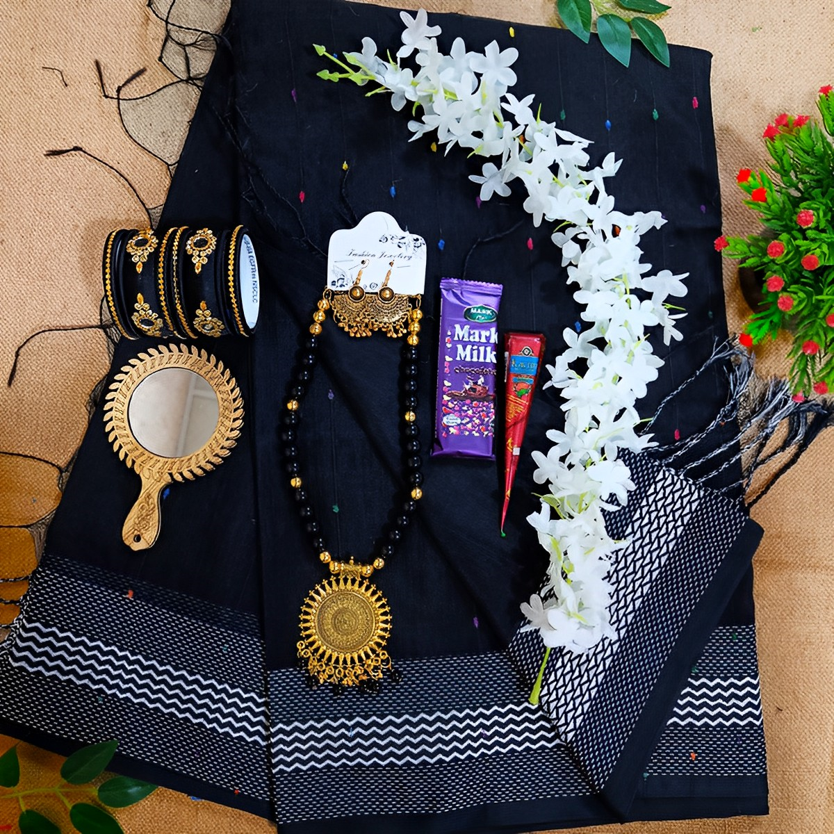 Exclusive Saree Combo Gift Set - Saree Bangles Necklace Earrings Mehedi Mirror Chocolate Gazra etc