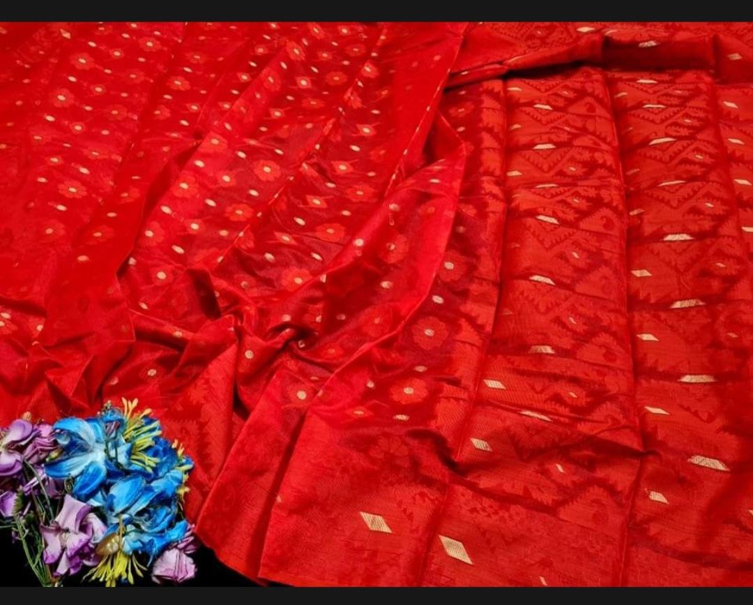 Fashionable Red Color Half Silk Jamdani Saree for Woman